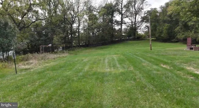 a view of a field with a big yard and large trees