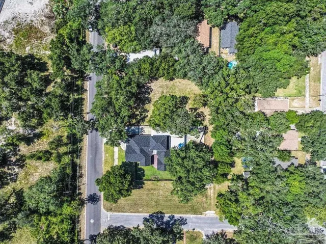 an aerial view of a house with a yard and large trees