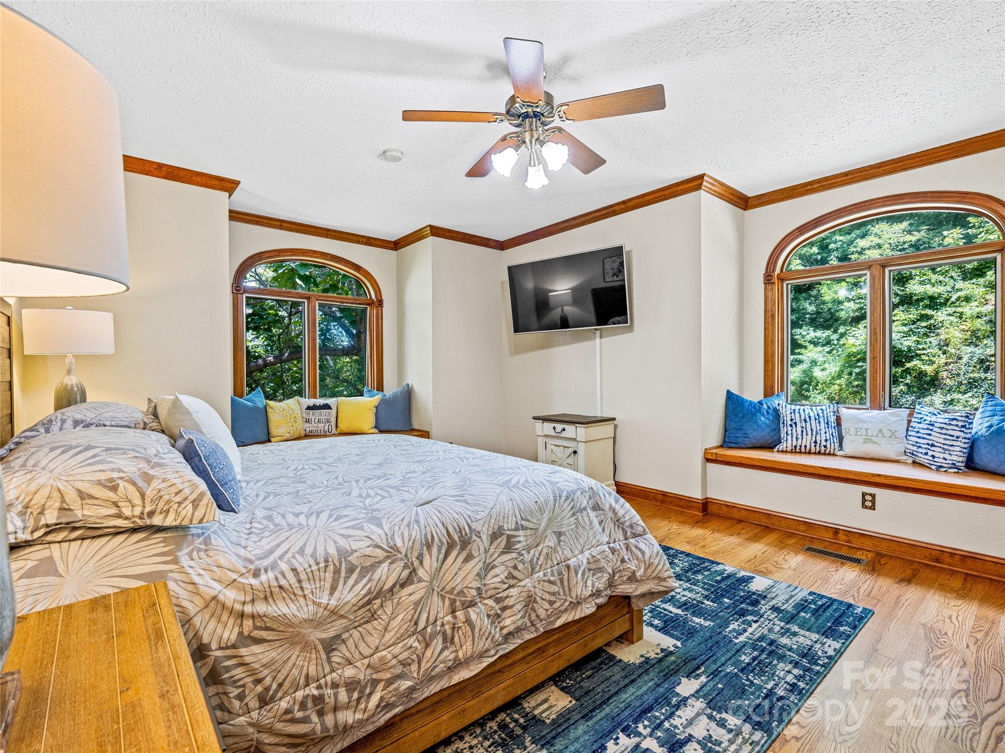 514 Lab Mountain Trail Clyde, NC 28721 - Photo 20 of 37 a bedroom with a bed a window and flat screen tv
