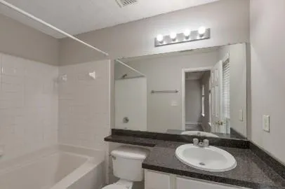a bathroom with a sink double vanity granite tub and a mirror