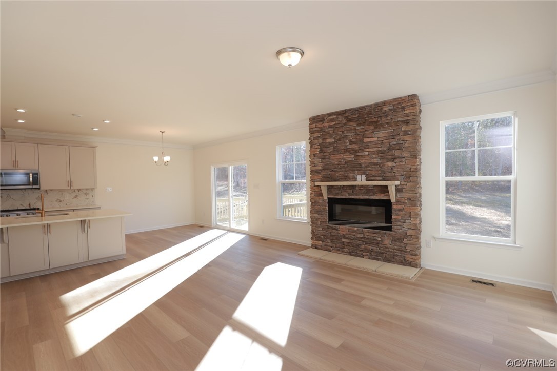 3843 Belspring Road Chester, VA 23831 - Photo 15 of 36 a living room with stainless steel appliances furniture a fireplace and a kitchen view