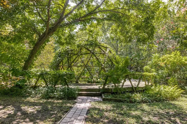 a view of a yard with large trees