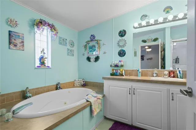 a bathroom with a sink mirror and vanity