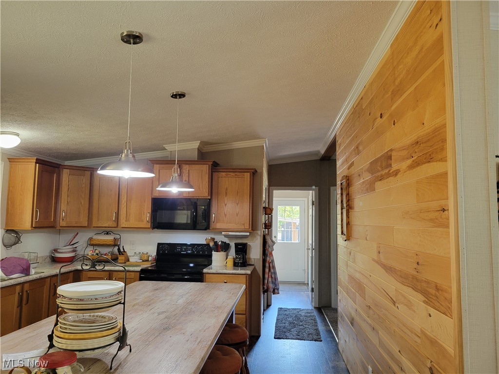 85645 Merryman Road Cadiz, OH 43907 - Photo 5 of 38 Kitchen featuring wooden walls, ornamental molding, decorative light fixtures, black appliances, and lofted ceiling