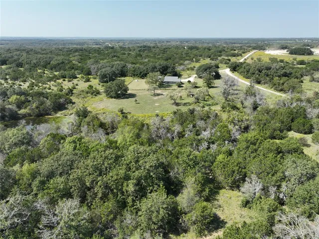 an aerial view of houses covered in trees