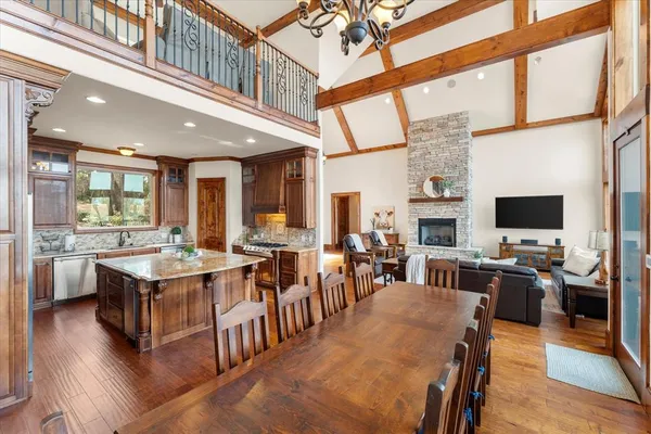 a view of a living room and dining room
