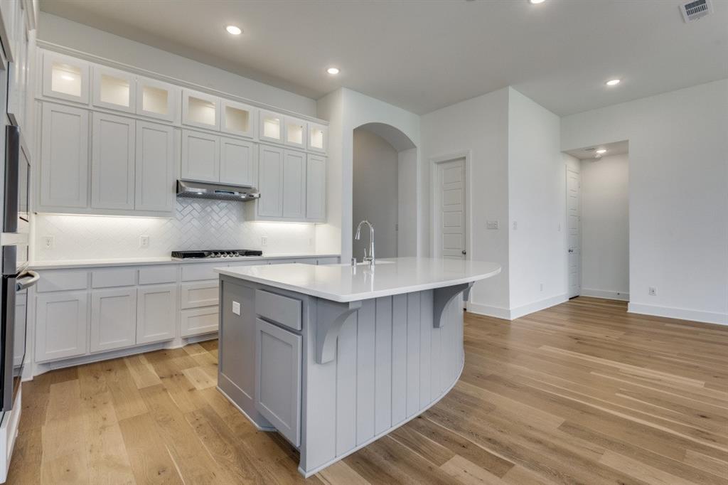 1704 Hydrangea Lane Prosper, TX 75078 - Photo 9 of 25 Kitchen with white cabinetry, tasteful backsplash, arched walkways, light wood-type flooring, and a kitchen breakfast bar