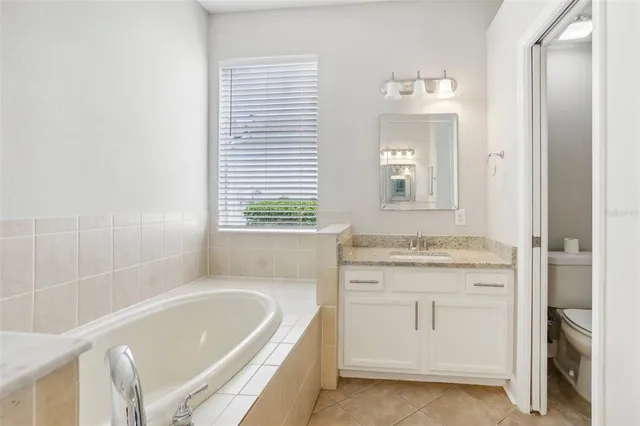 a bathroom with a granite countertop sink a bathtub and a vanity