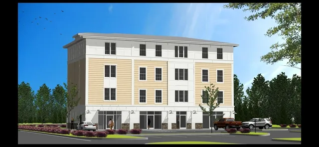 a front view of a building with garden