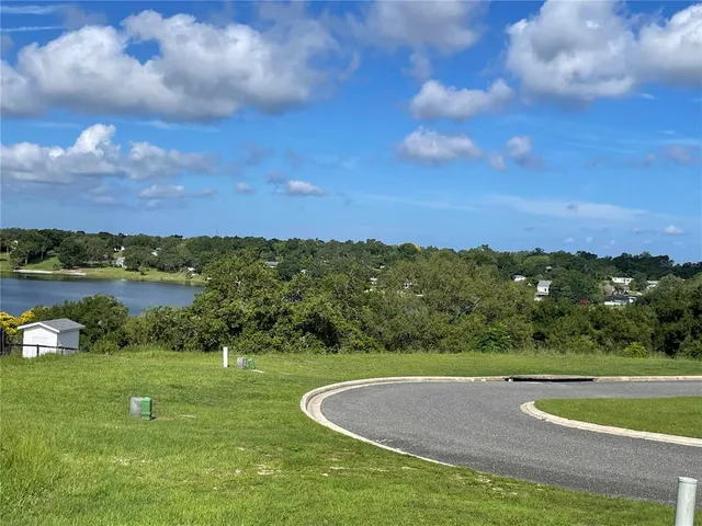a view of a lake with houses in the back