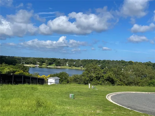 a view of a lake with a yard