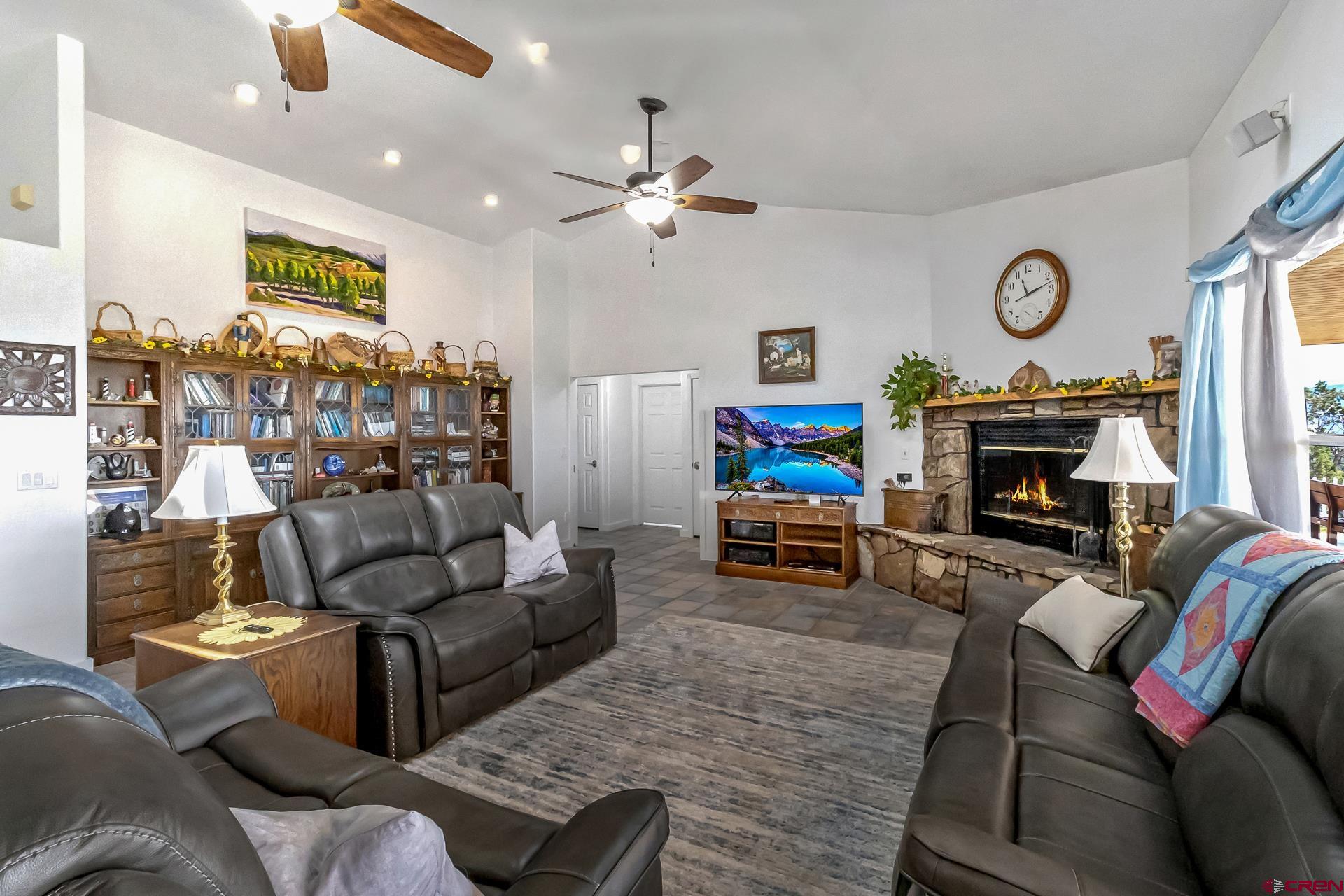 17656 2550th Road Cedaredge, CO 81413 - Photo 18 of 45 a living room with furniture a fireplace and a flat screen tv