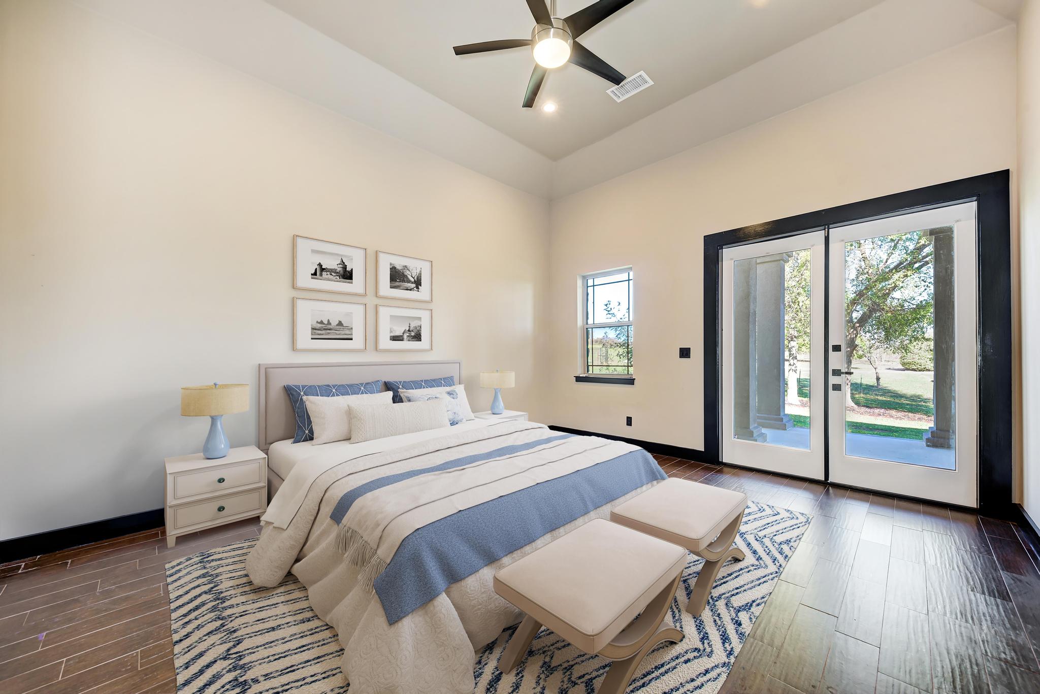 104 Spring Valley Street Hutto, TX 78634 - Photo 15 of 40 Bedroom featuring dark wood-style floors, french doors, ceiling fan, access to exterior, and recessed lighting