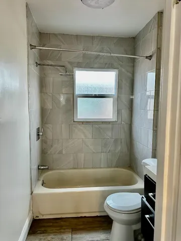 a bathroom with a toilet and a bathtub
