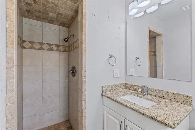 a bathroom with a granite countertop sink and shower