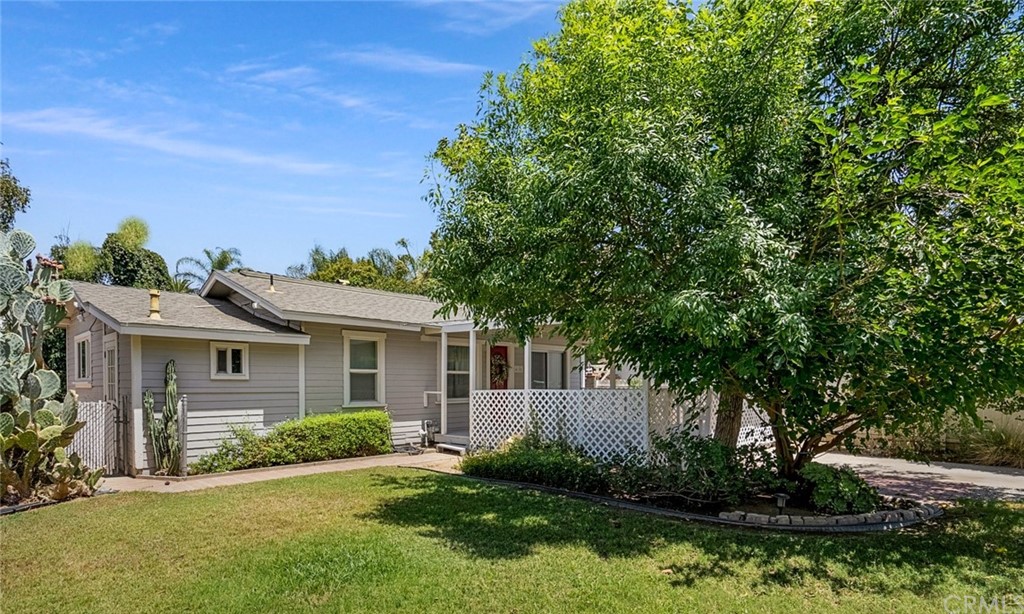 a backyard of a house with plants and large tree