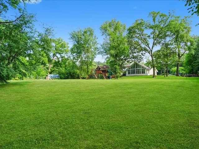 a view of grassy field with benches