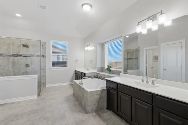 a bathroom with a tub sink double vanity granite tub shower and mirror