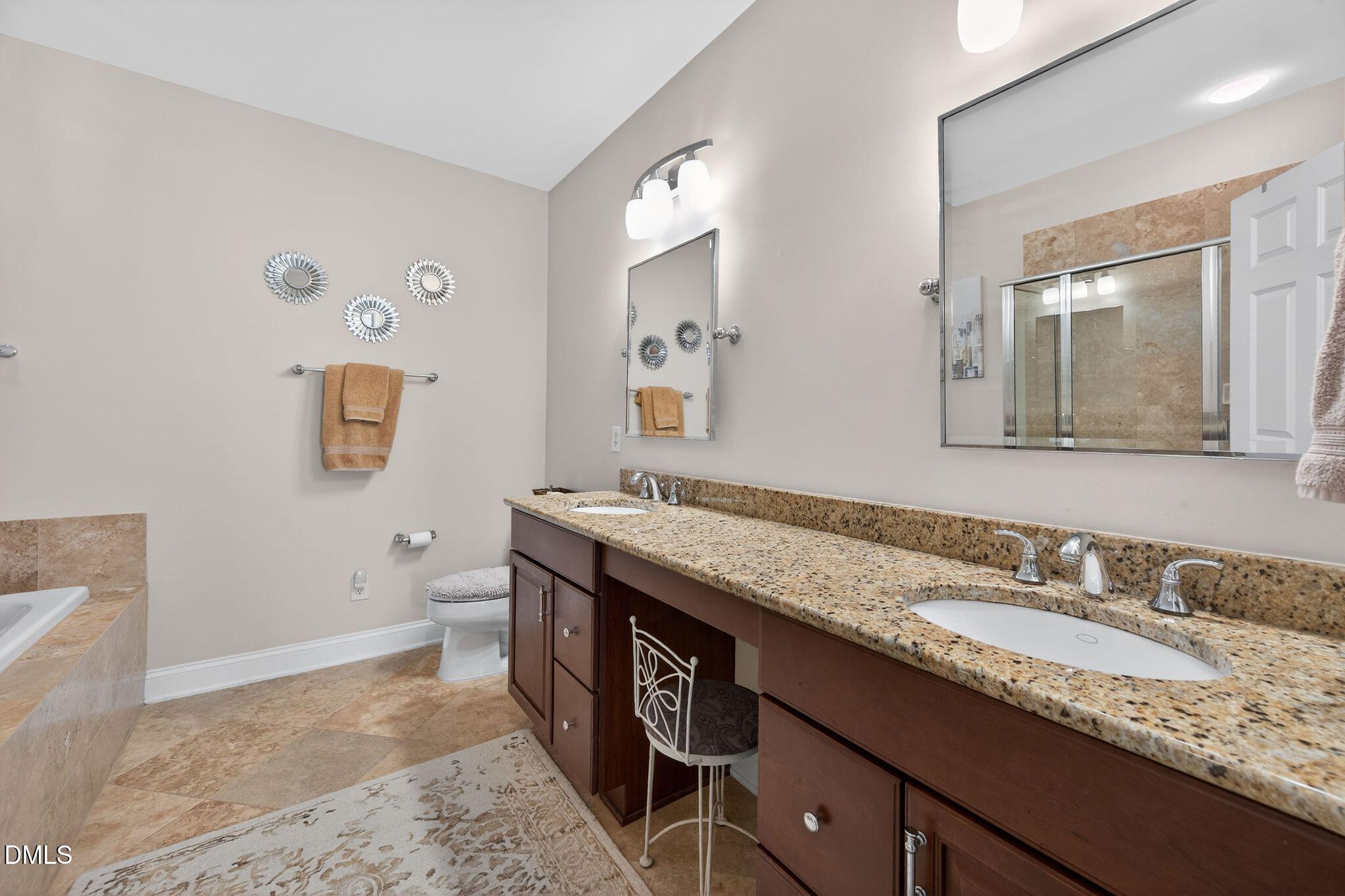 10511 Rosegate Court, Unit 305 Raleigh, NC 27617 - Photo 33 of 48 a bathroom with a granite countertop sink a mirror and a toilet