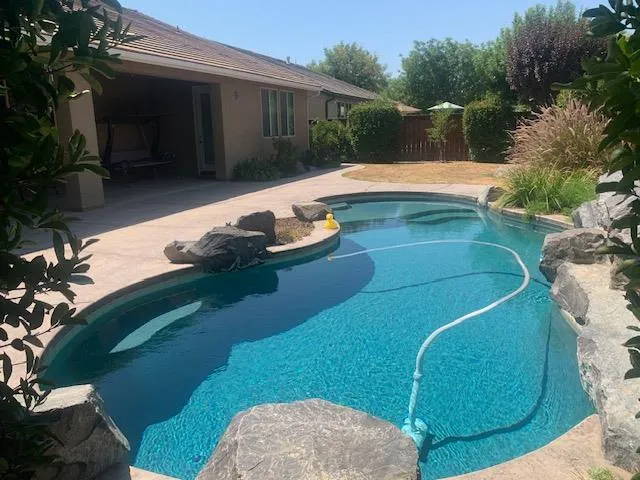a view of a backyard with plants and a patio