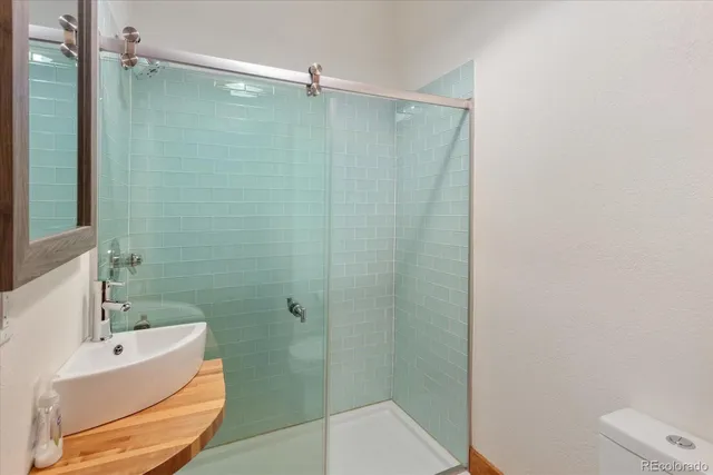 a bathroom with a shower and a toilet