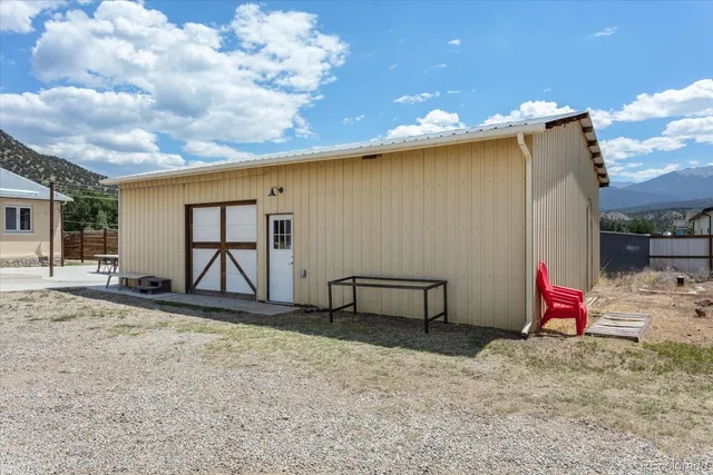 a backyard of a house with table and chairs