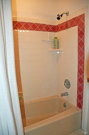 a bathroom with a bathtub and shower