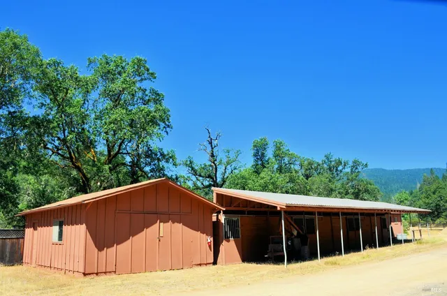 a view of house with backyard and trees in the background