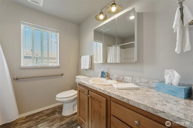 a bathroom with a granite countertop sink a toilet and a mirror