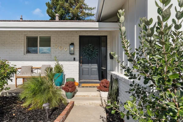 a view of a house with potted plants