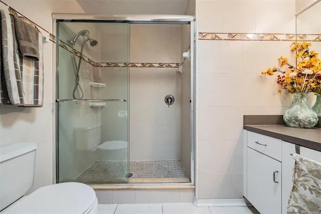 a bathroom with a shower and a toilet