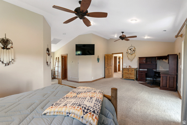 755 South Zion Ridge Drive Orderville, UT 84758 - Photo 76 of 84 Carpeted bedroom with a desk, lofted ceiling, and a ceiling fan