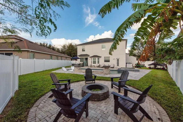 a view of a backyard with sitting area