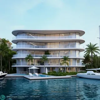 a view of pool with building in background