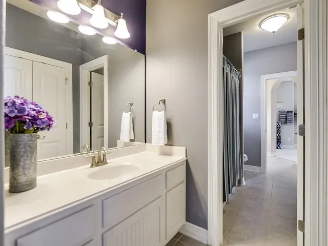 a bathroom with a sink vanity and a mirror