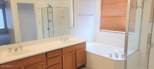 a bathroom with a tub sink and mirror
