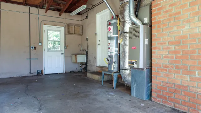 a view of a room with brick walls