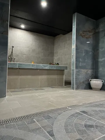 a bathroom with a sink and a shower