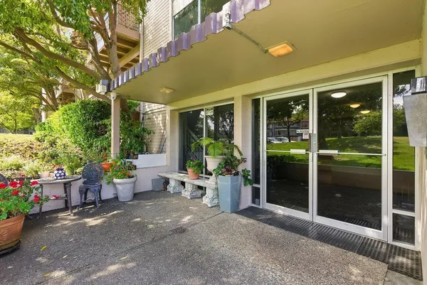 a view of a patio with table and chairs potted plants