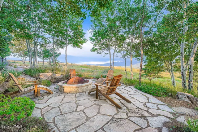 a roof deck with table and chairs and a large tree