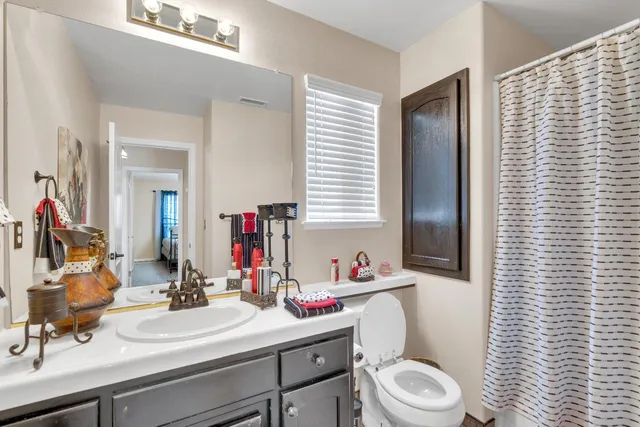 a bathroom with a sink vanity mirror and toilet