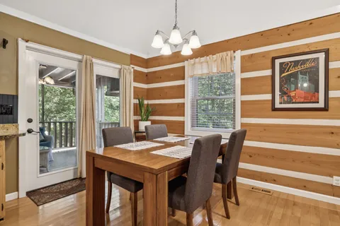 a view of a dining room with furniture wooden floor and chandelier