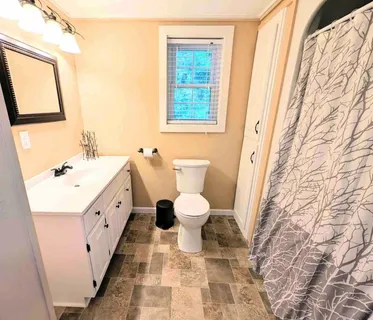 a bathroom with a sink toilet and mirror