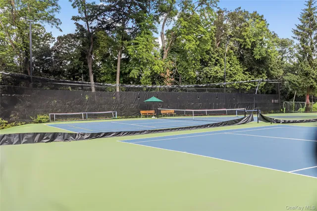 a view of swimming pool with a yard and large trees