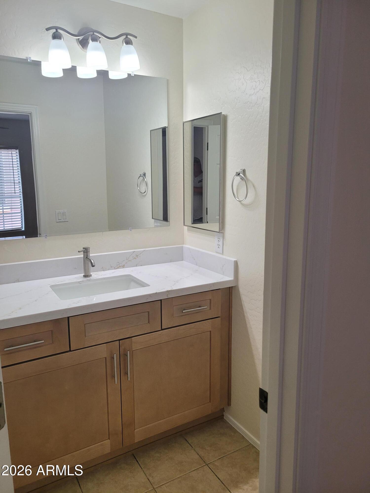 1453 South Sinova Avenue Gilbert, AZ 85296 - Photo 28 of 46 a bathroom with a sink a mirror and a shower
