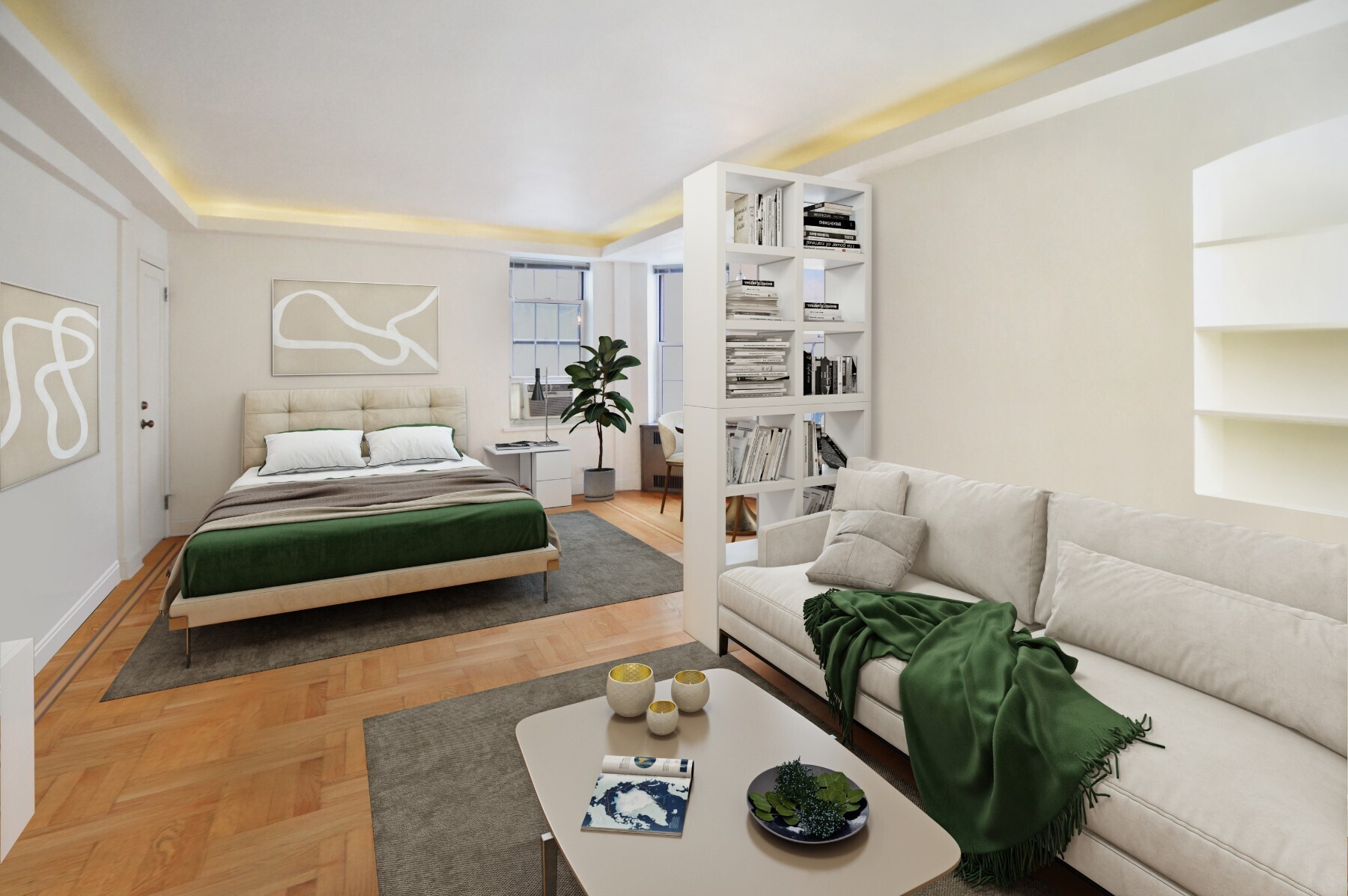 25 Minetta Lane, Unit 4L Manhattan, NY 10012 - Photo 1 of 1 a bedroom with furniture and a wooden floor