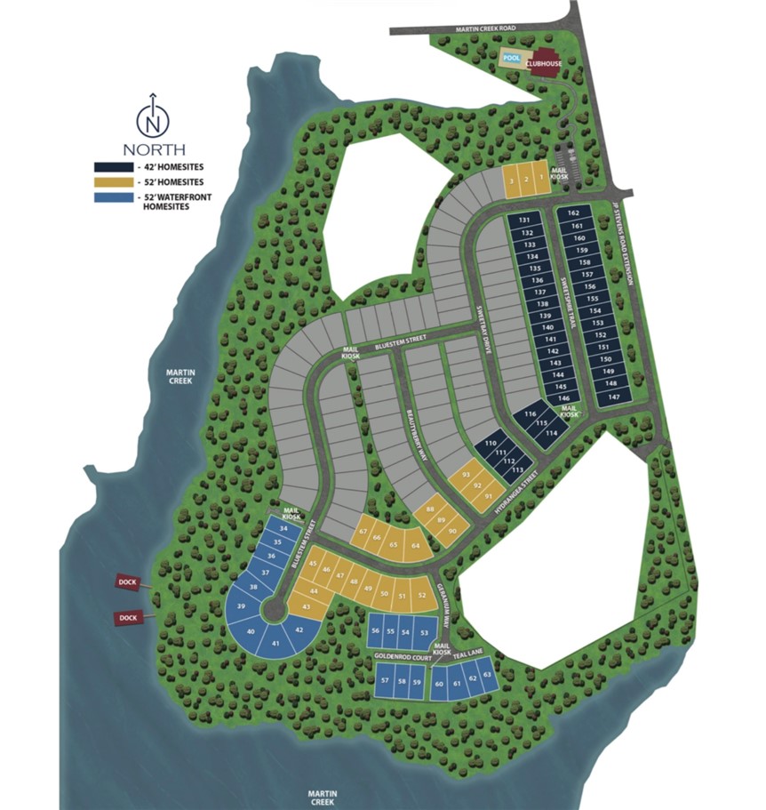 555 Hydrangea Street, Unit LOT 47 Seneca, SC 29678 - Photo 38 of 42 Discover a detailed plot plan featuring waterfront homesites, community amenities, and structured street layouts.