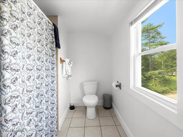 a bathroom with a toilet and a shower curtain