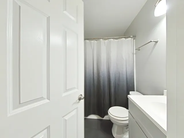 a white toilet sitting next to a shower curtain