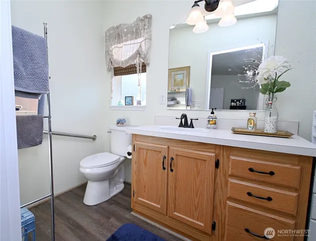 a bathroom with a sink a toilet and mirror